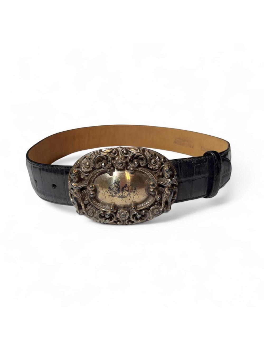 VTG Brighton Cherub Angel Buckle Belt Women's Small Black Croc Embossed 1995